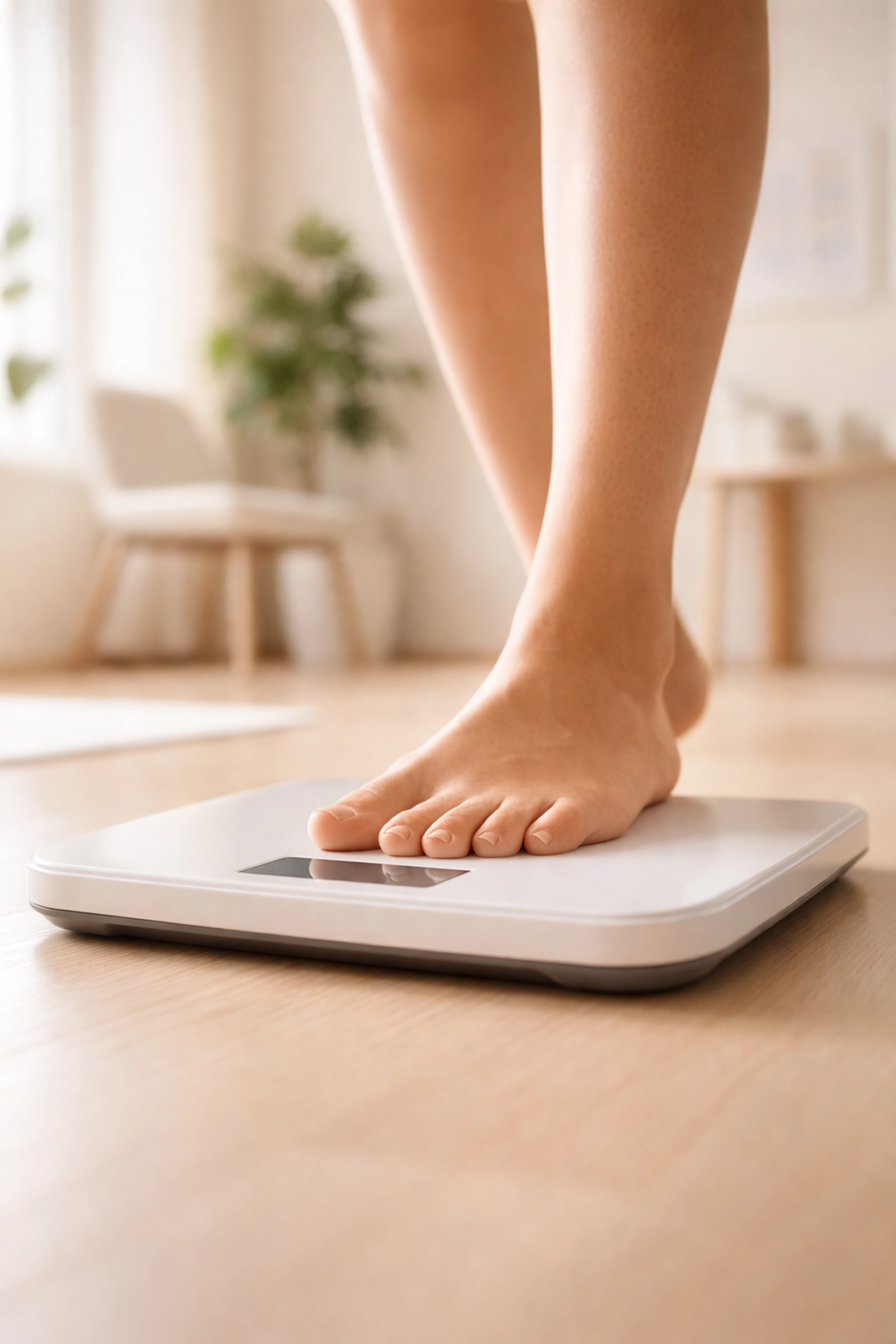 Person stepping onto digital scale in wellness clinic, representing medical weight loss journey in Las Vegas