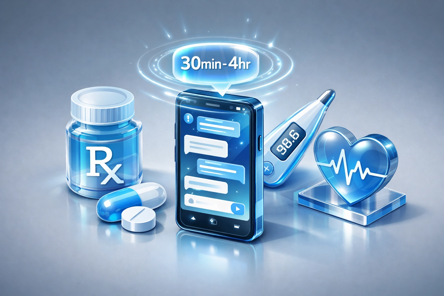 Mobile app interface showing fast medical messaging for prescriptions and online urgent care.