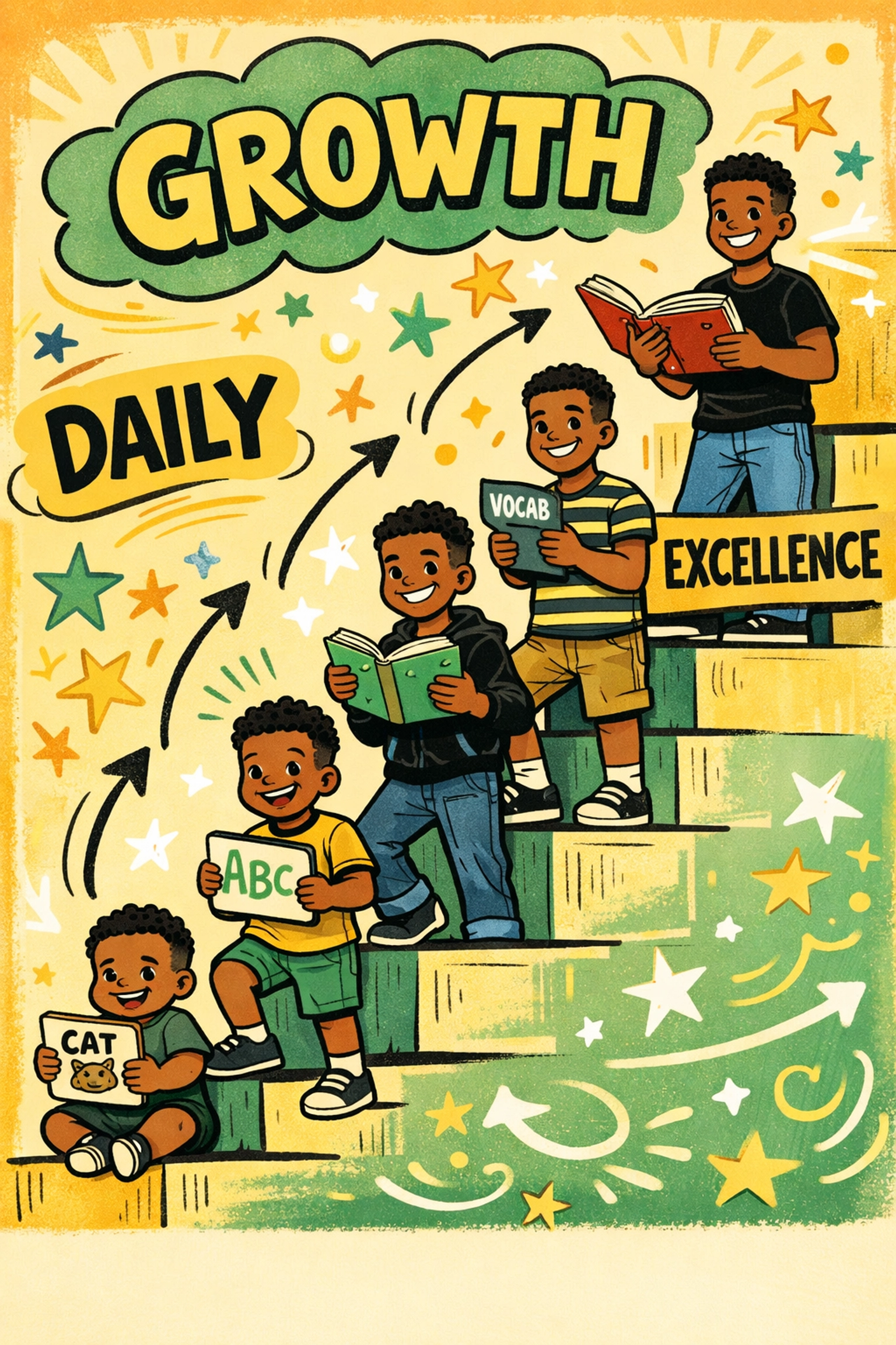 Young men ages 1-18 progressing in literacy skills, showing CRC's long-term character and vocabulary development