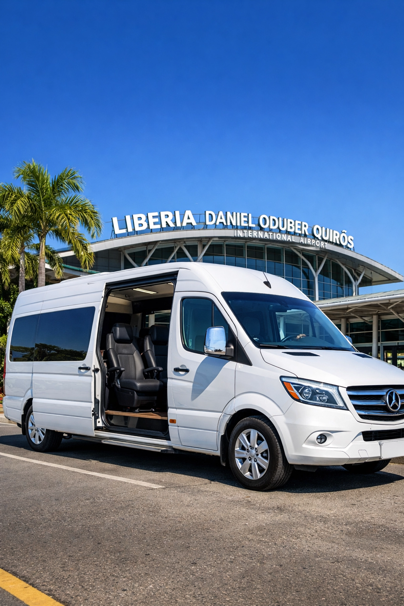 Private Liberia airport shuttle van waiting for passengers outside the LIR airport terminal.