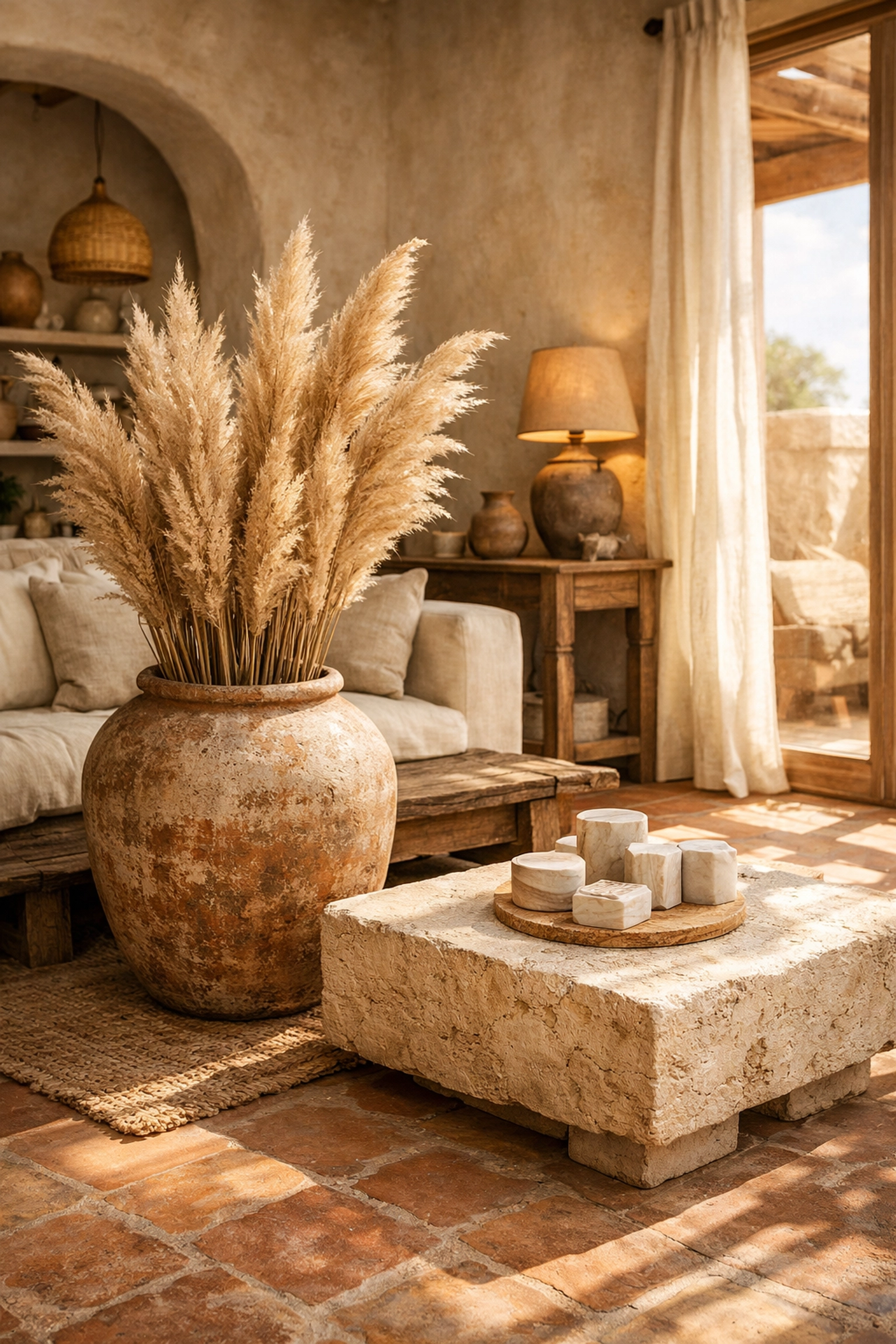 Earthy living room decor featuring a terracotta planter with pampas grass and stone accents.