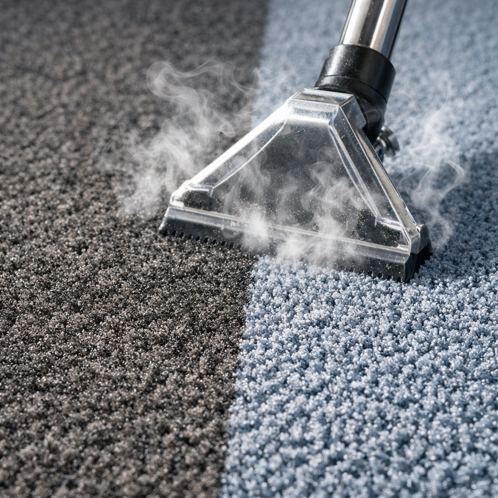 Professional steam cleaning wand restoring a commercial carpet, part of commercial cleaning services in Westchester County NY.