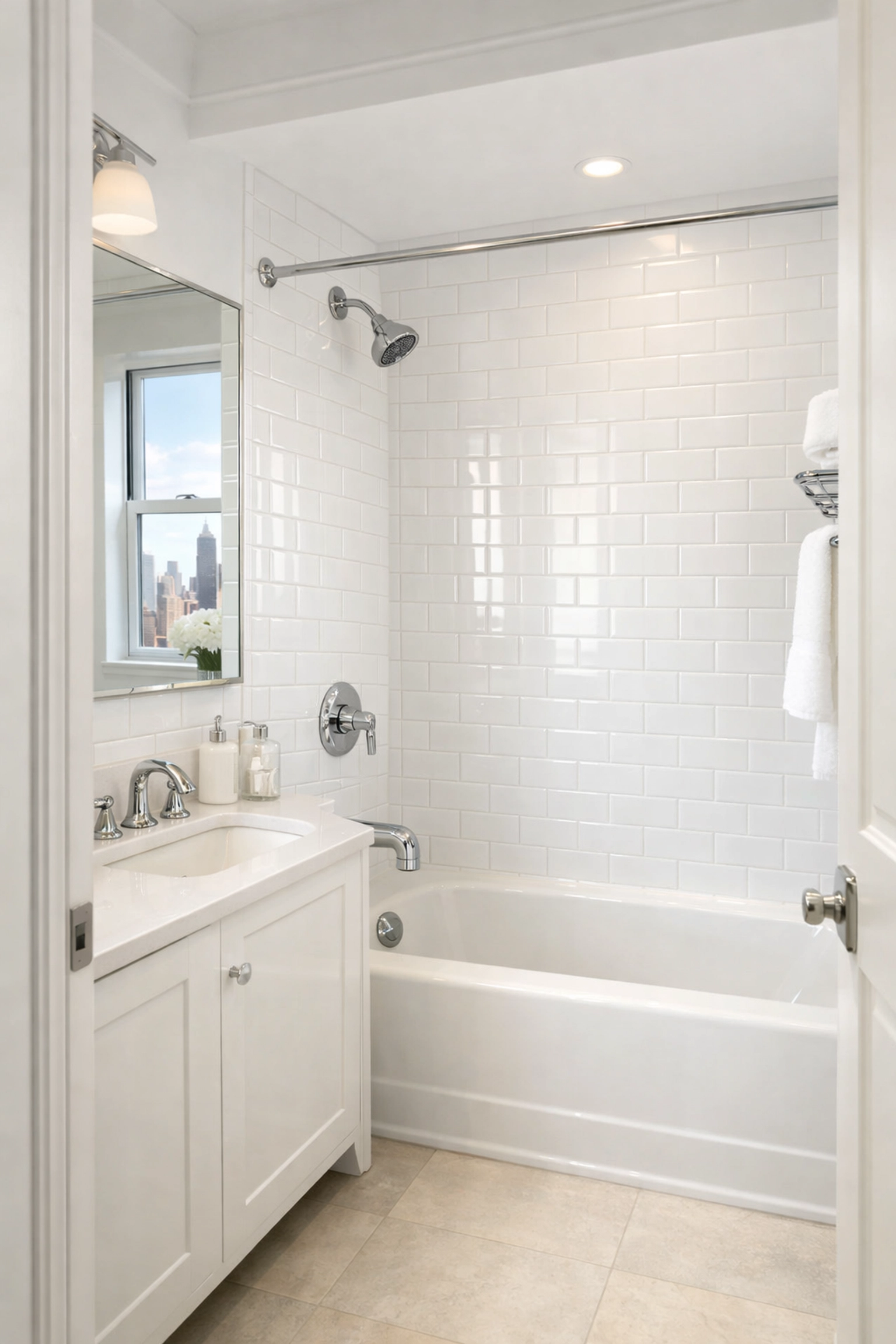Clean NYC apartment bathroom with sparkling fixtures after move out cleaning