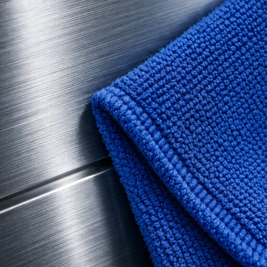 Soft microfiber cloth cleaning a brushed stainless steel entrance door to avoid surface scratches.