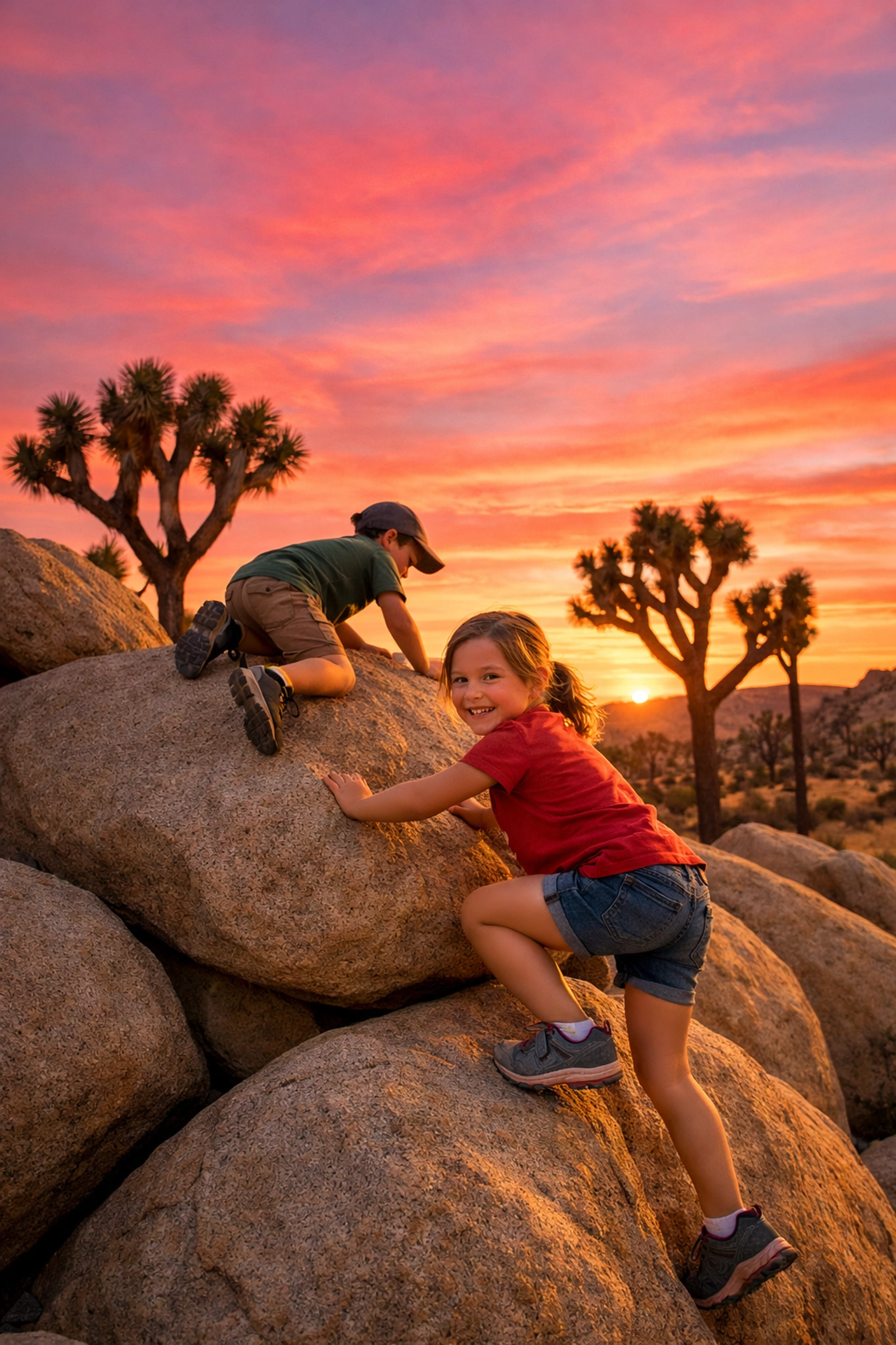 Kids climbing boulders in Joshua Tree National Park during a vibrant desert sunset.