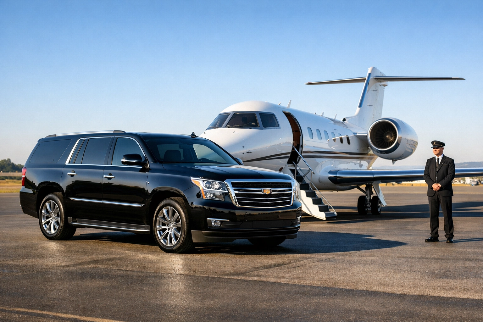 Luxury SUV and private jet on a tarmac, representing premium corporate travel logistics.