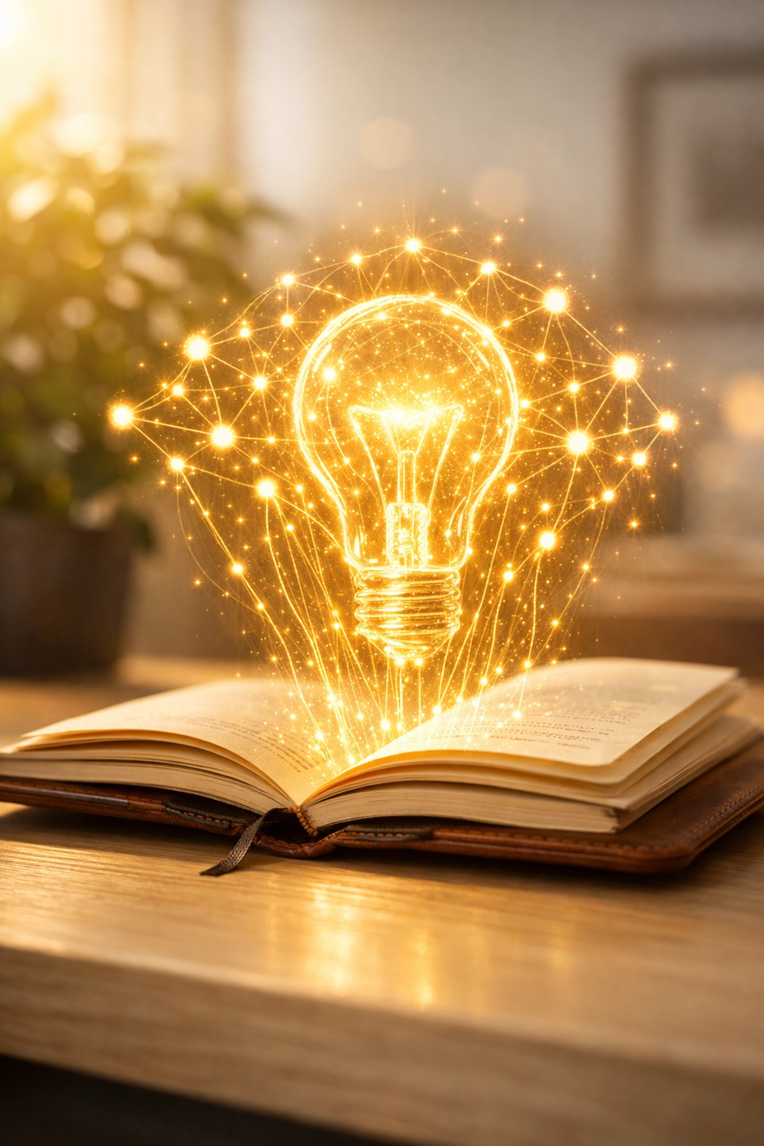 A glowing lightbulb icon hovering over a notebook to represent creative copywriting and content ideas.