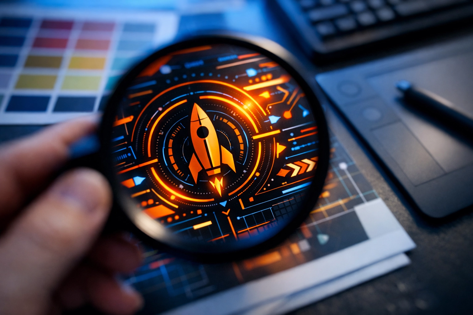 Magnifying glass over high-resolution graphic design for sharp custom DTF transfers.