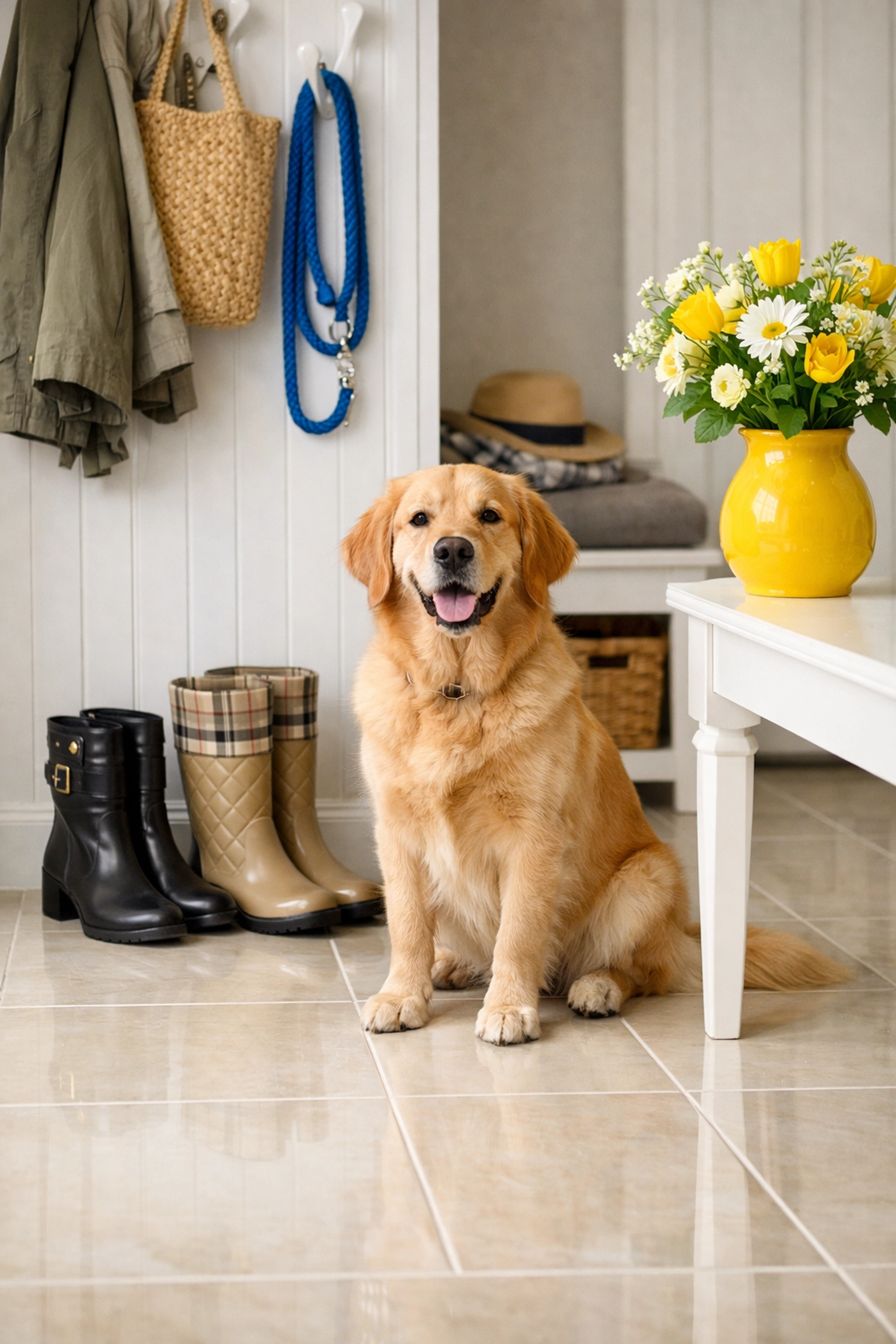 Clean Southborough entryway with a dog, highlighting weekly house cleaning for pet-friendly homes.