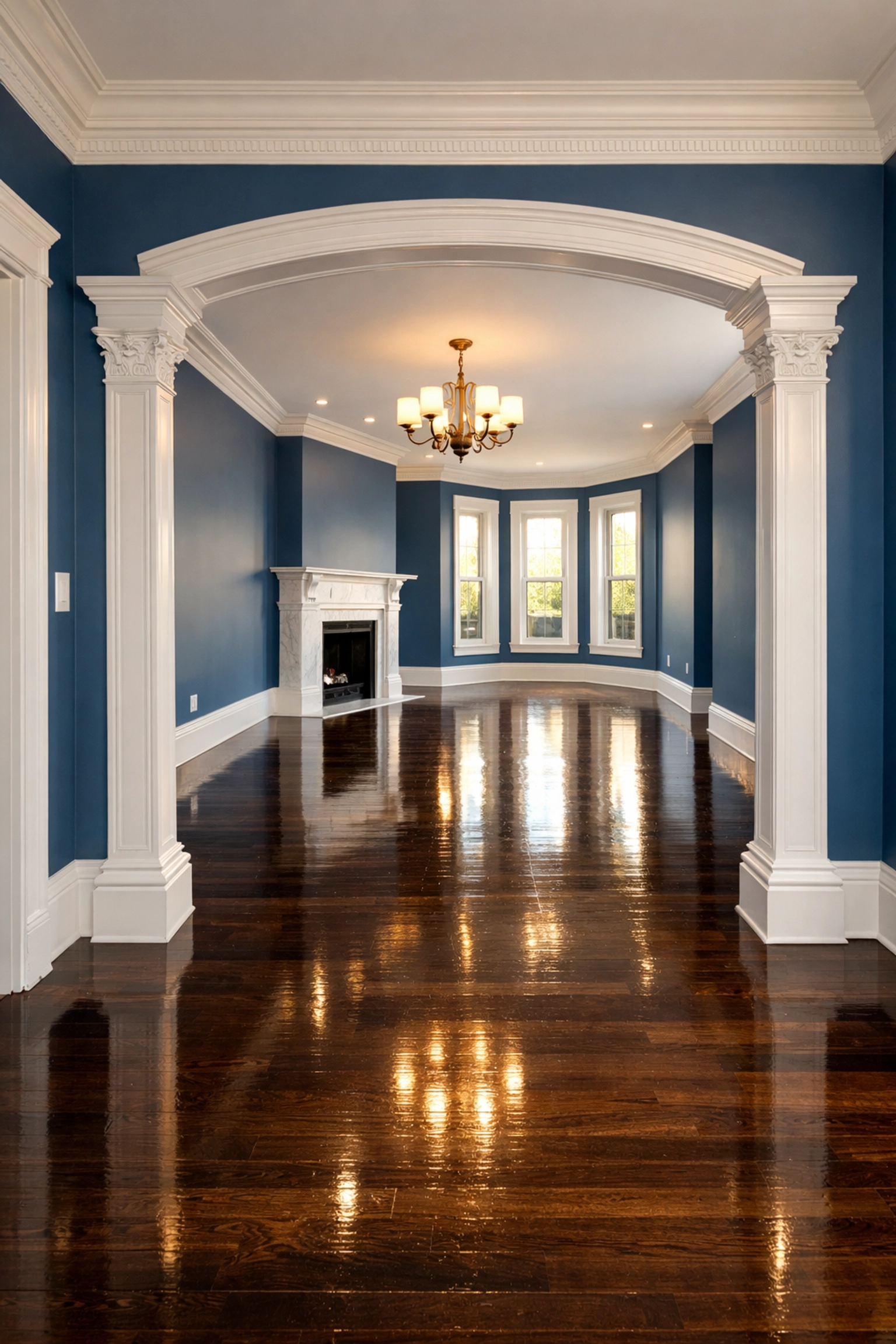 Spotless empty living area in a Boston brownstone after a complete apartment turnover.