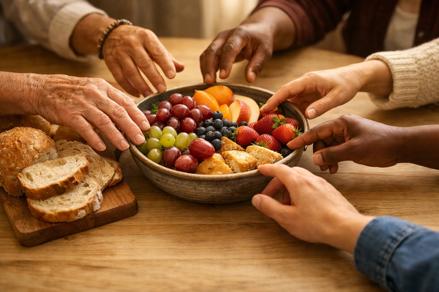 Diverse hands sharing a meal of bread and fruit, symbolizing community hospitality and welcoming neighbors.