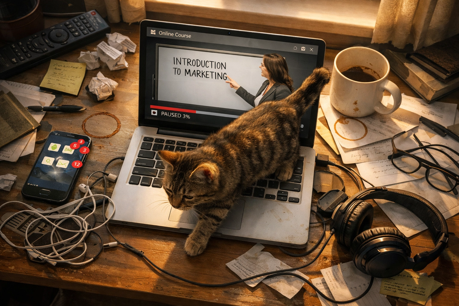 Cluttered home office desk with paused online Python course showing common learning distractions