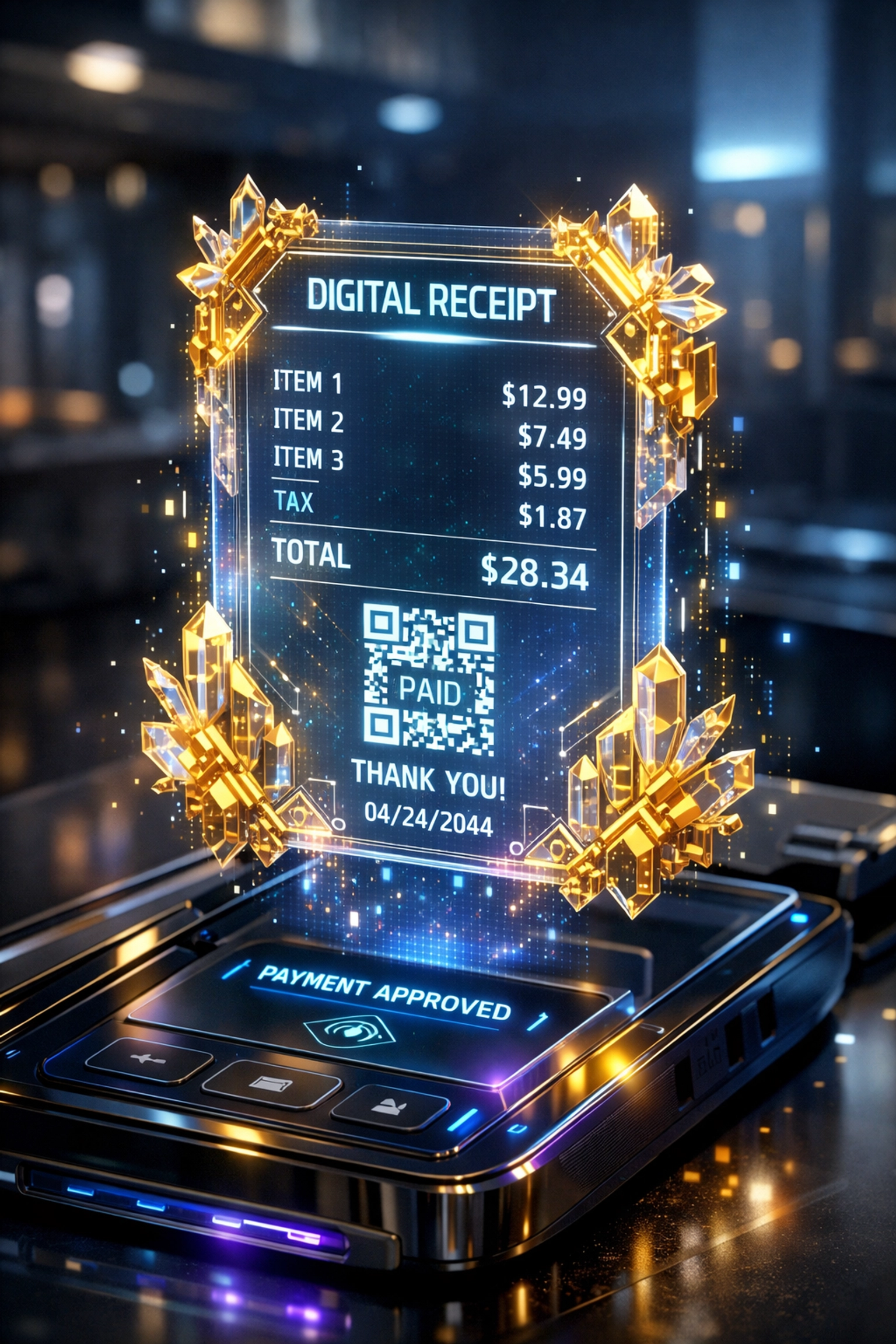 Holographic digital receipt representing immutable NFT receipts for Web3 merchant accounting.