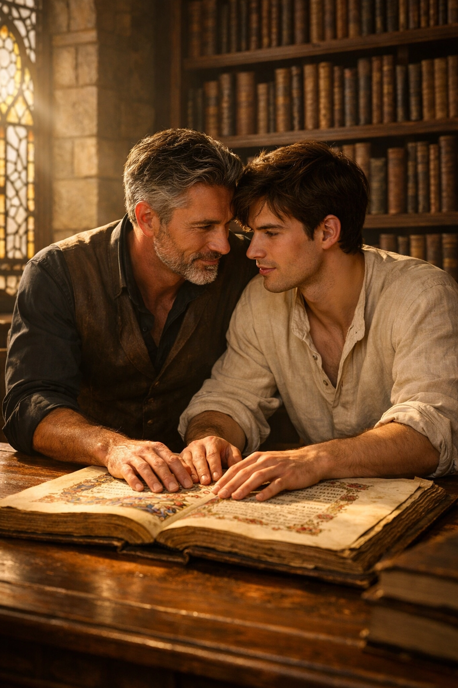 Gay romance characters sharing an intimate moment over ancient manuscripts in a sunlit library.