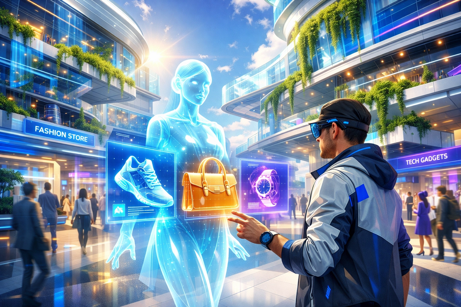 Futuristic B2B2C metaverse shopping hub with an AI assistant for efficient blockchain commerce.