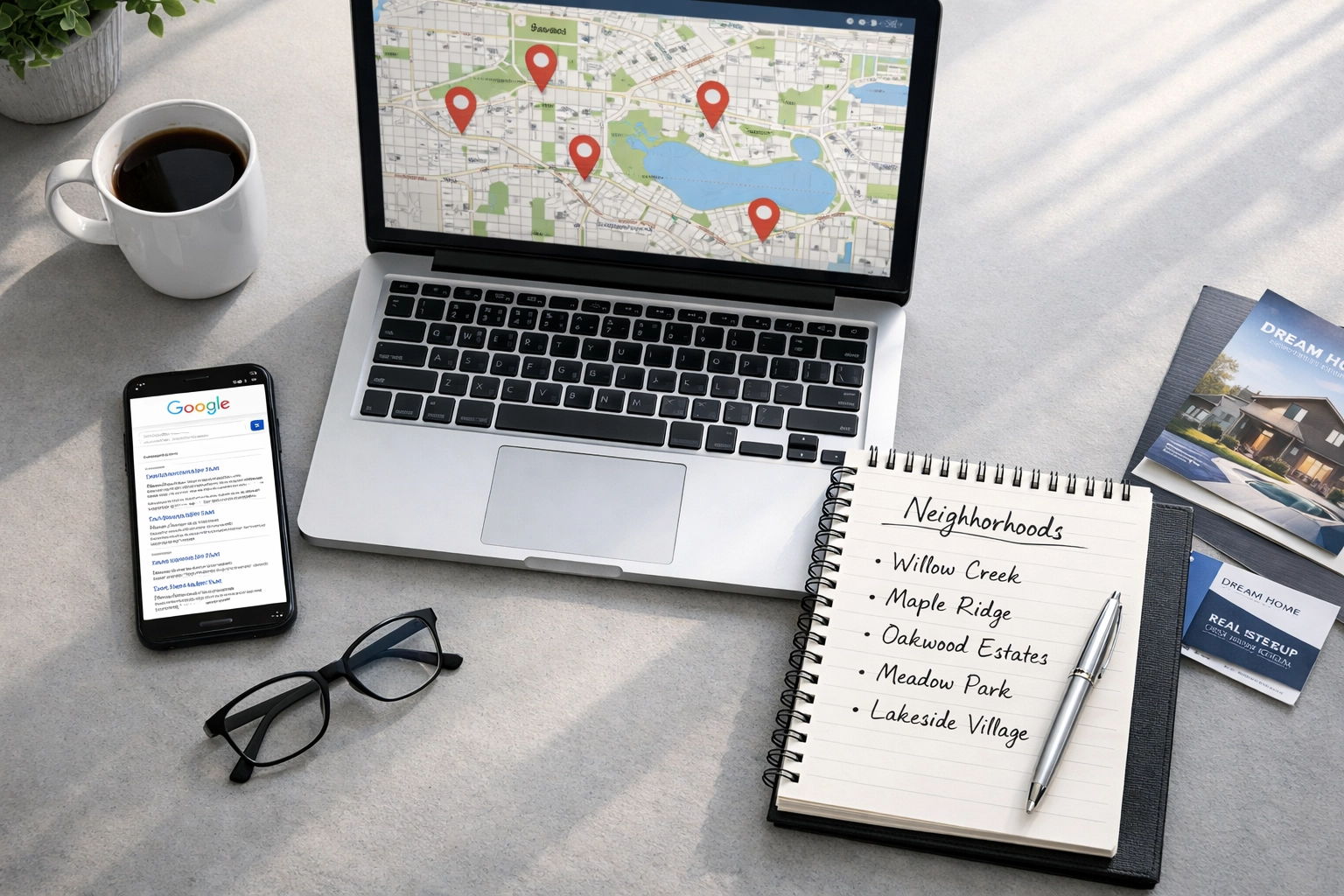 Real estate agent workspace with neighborhood research and local SEO planning tools