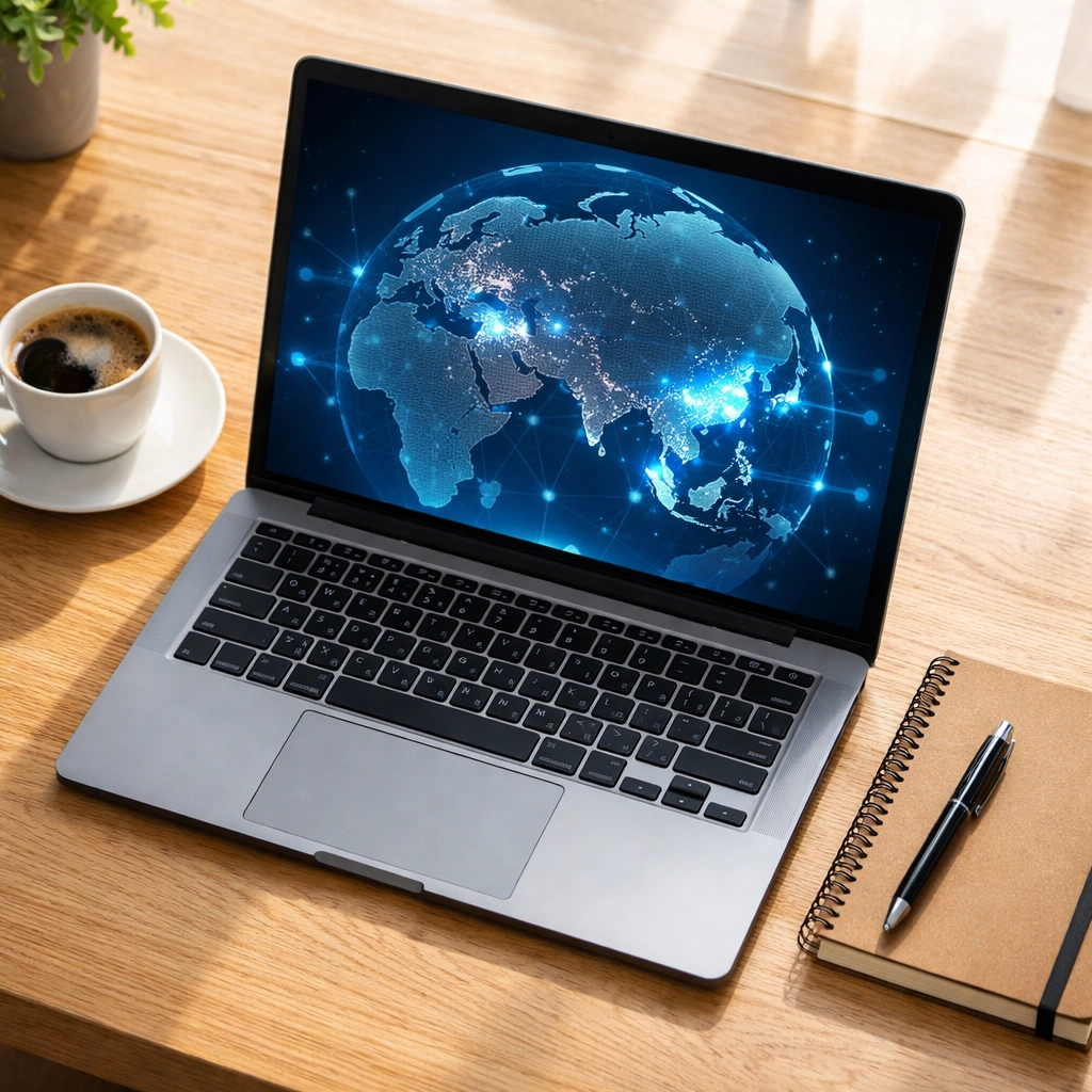 Laptop showing a world map to identify new target markets for international business growth.