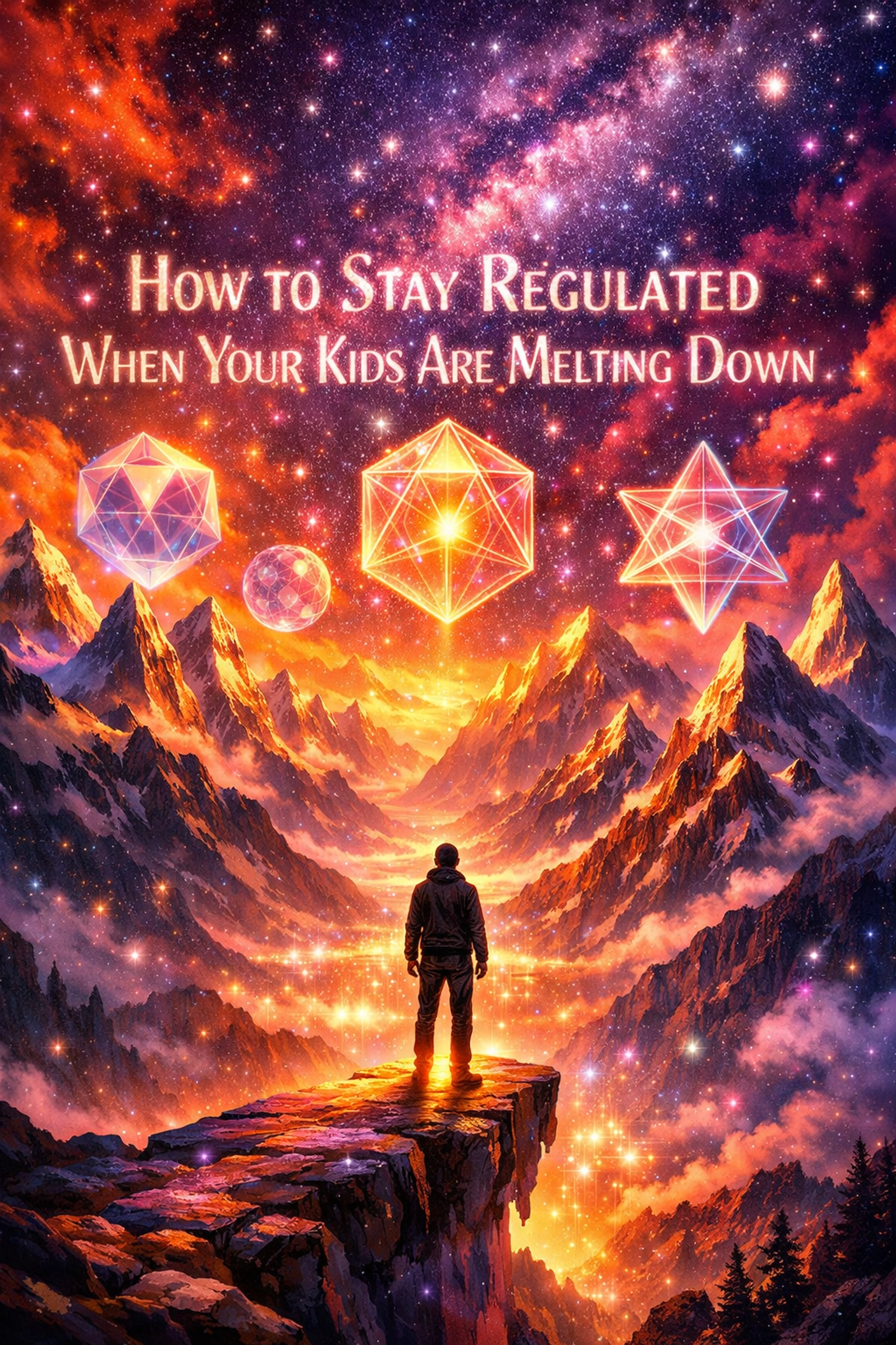 A person on a mountain peak overlooking a valley of light, symbolizing personal development and inner peace.