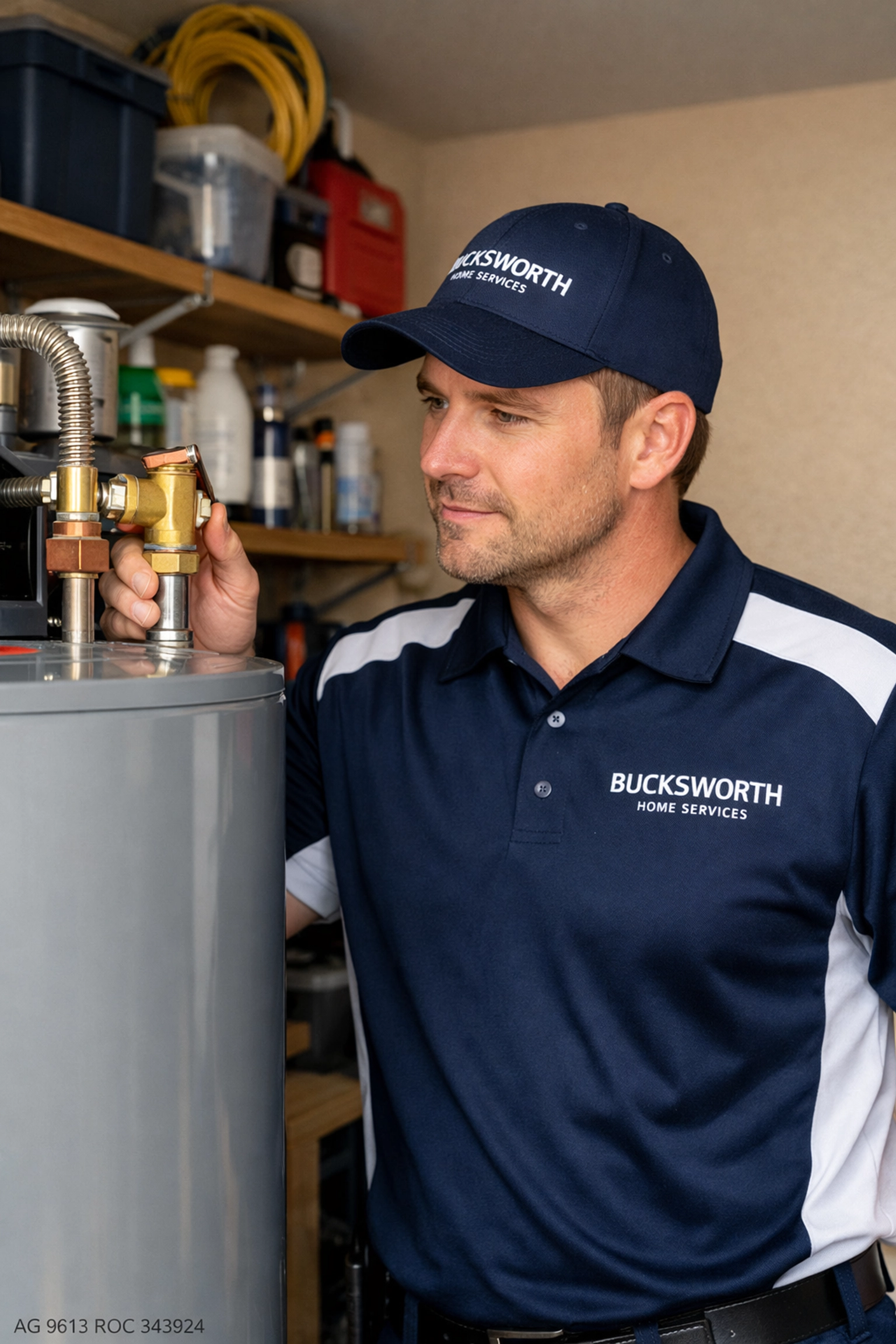 Bucksworth Home Services technician performing a water heater inspection for a homeowner in Anthem, AZ.