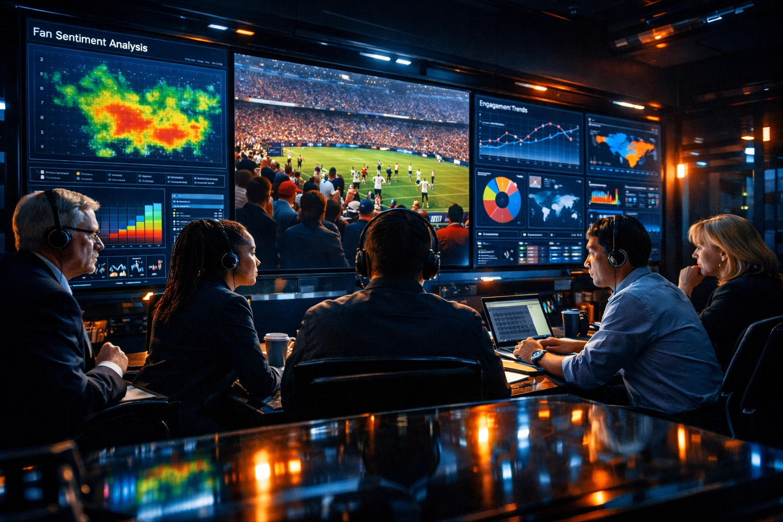 Marketing strategy team analyzing real-time fan sentiment and ROI data on digital screens in a command center.