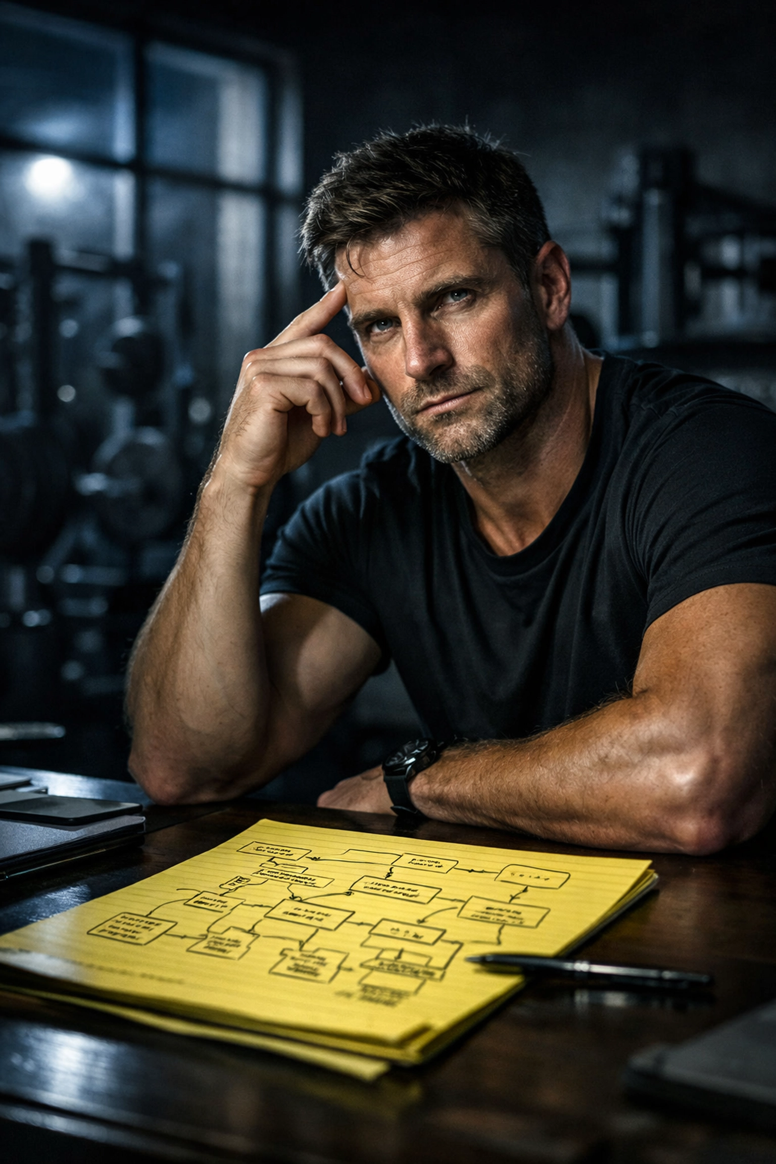 A fitness business owner planning systems in a gym office to scale beyond the 60-hour hustle.