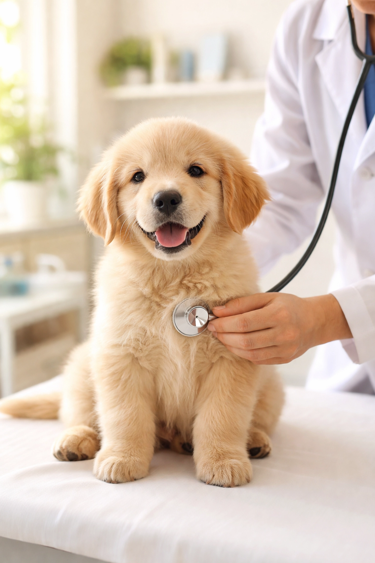 Golden Retriever puppy being examined by a vet for OFA health testing in an Oregon clinic