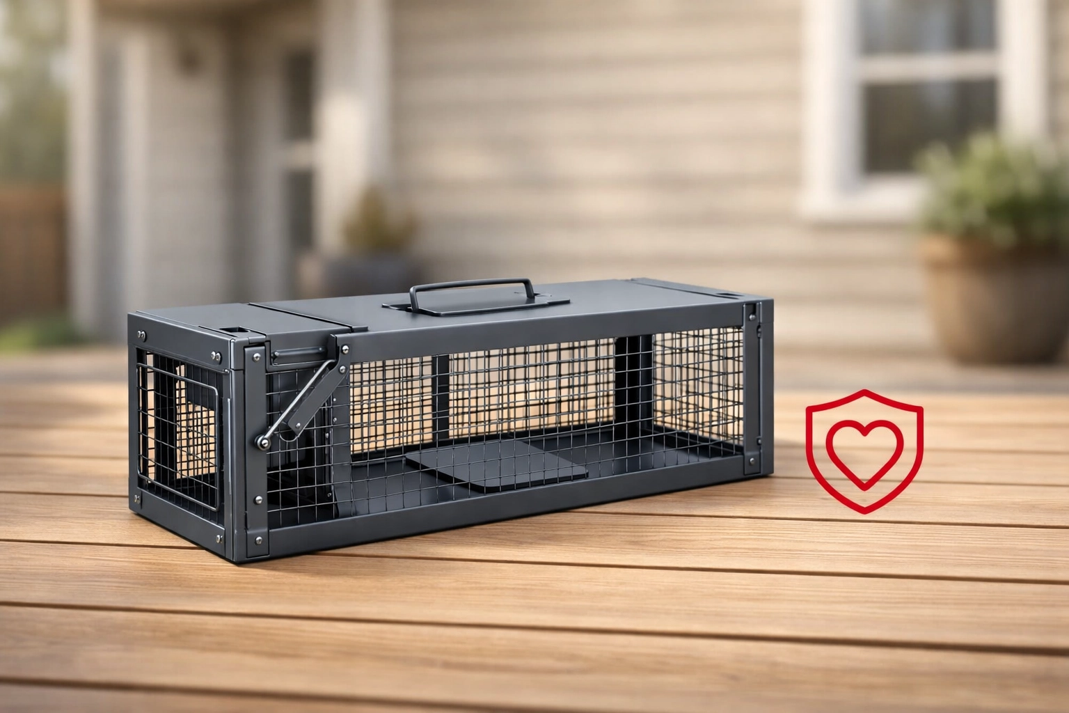 Humane live-capture wildlife trap on a cottage deck, showing ethical pest control methods in Ontario.