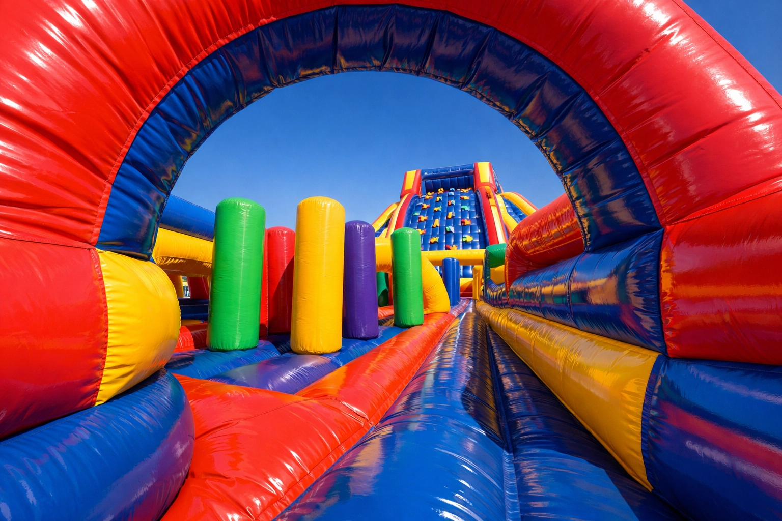 Large multi-colored inflatable obstacle course rental set up for a ninja-themed party on Vancouver Island.