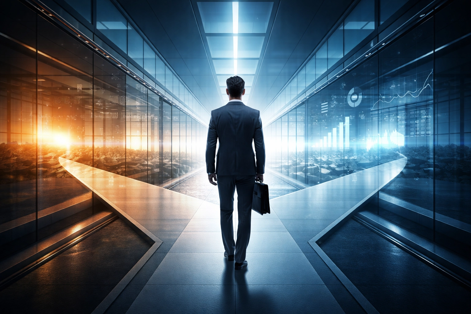 Businessman choosing between past and future investment strategies at a crossroads, symbolizing performance chasing