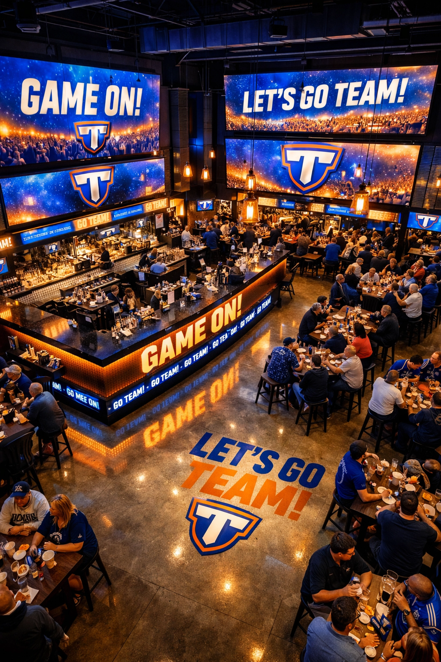 Sports bar interior with Sporttron digital displays and fans watching Super Bowl game