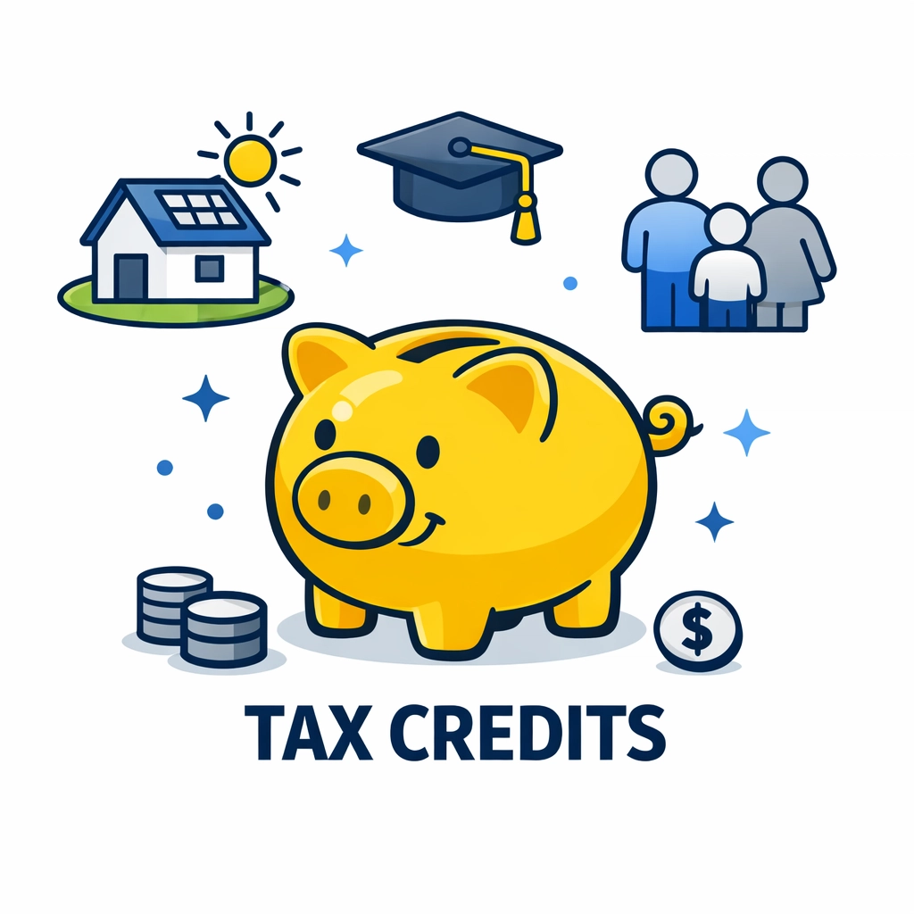 Piggy bank with icons representing child, education, and energy tax credits to maximize refunds.