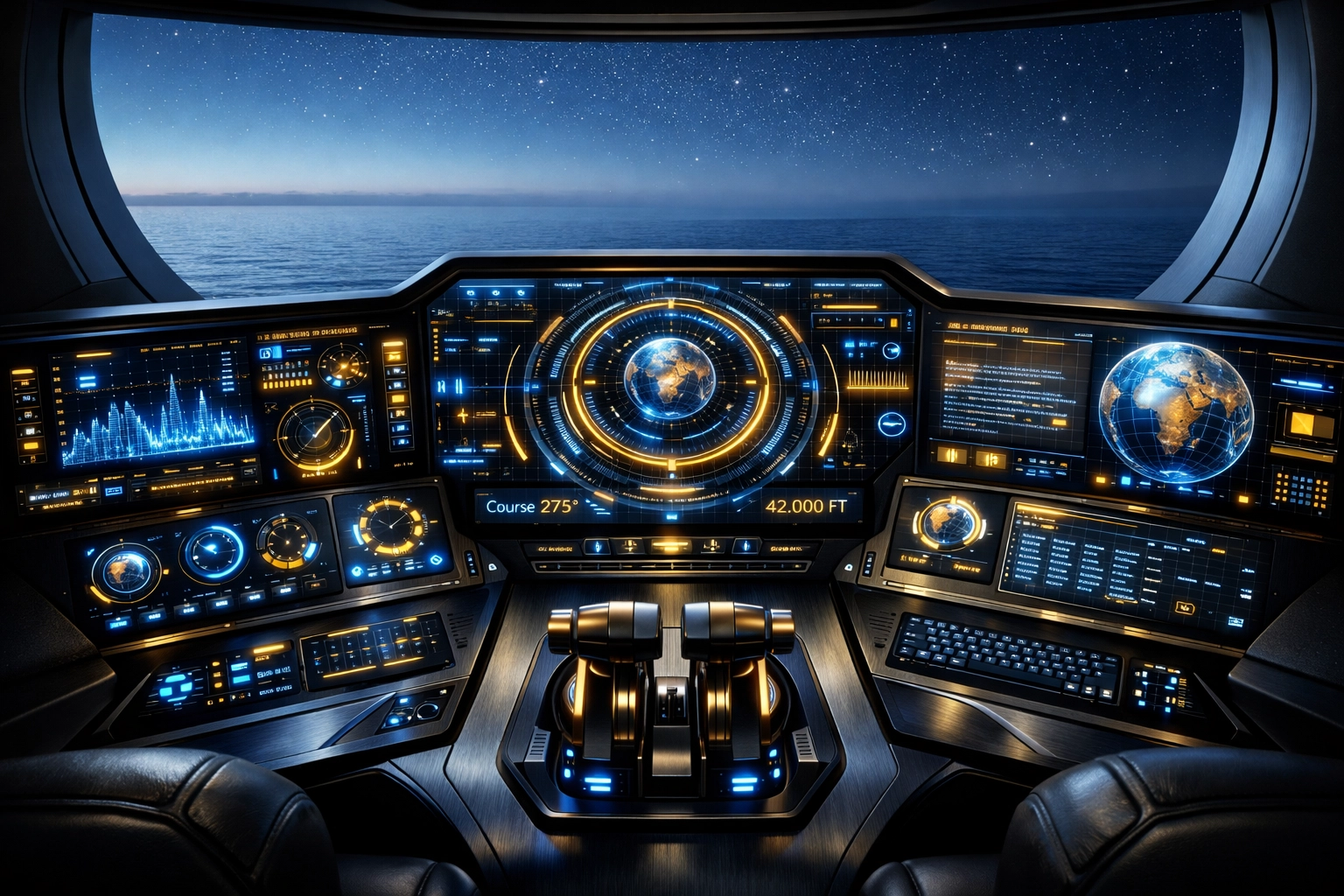 High-tech command center overlooking the sea, representing a trustee’s sovereign control over their assets.