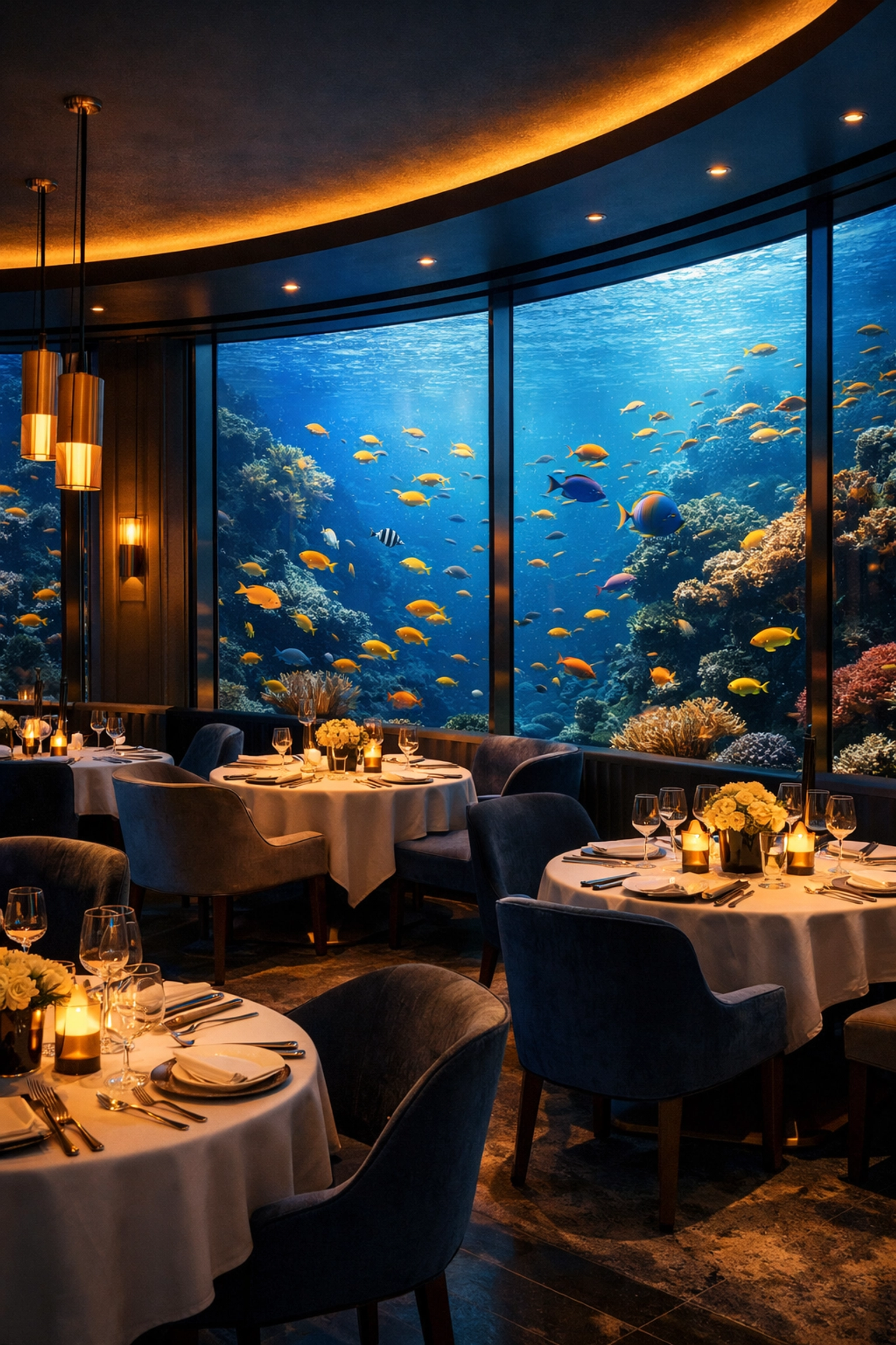 Subsix underwater restaurant interior with tropical fish swimming past panoramic windows in the Maldives