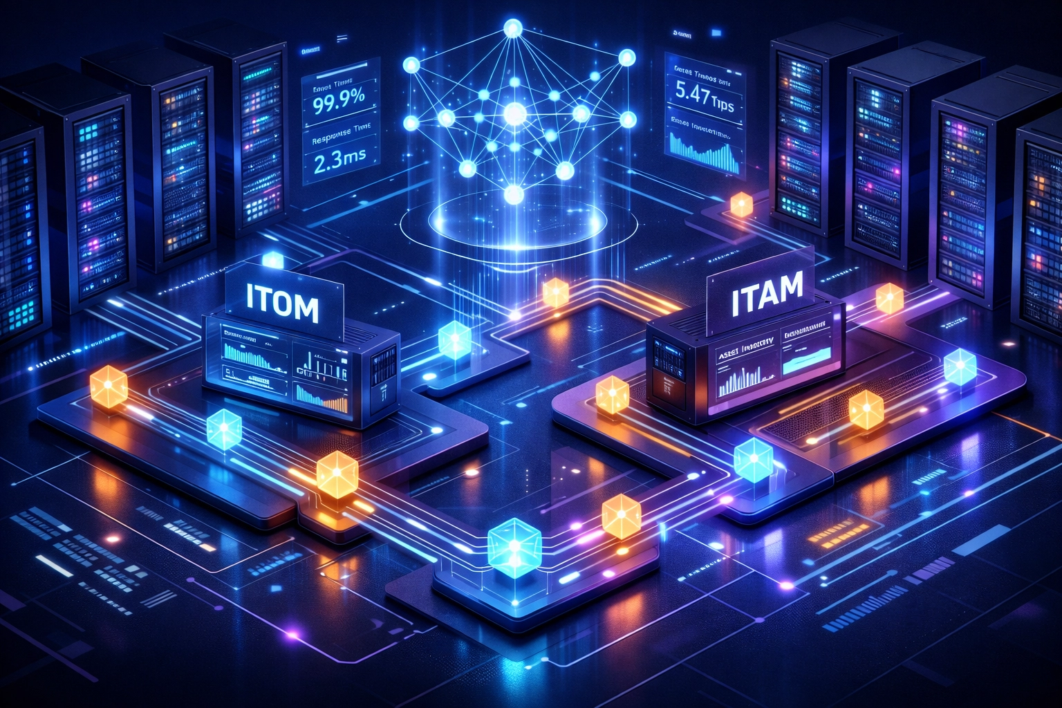 ITOM and ITAM workflow automation visualized in enterprise server infrastructure