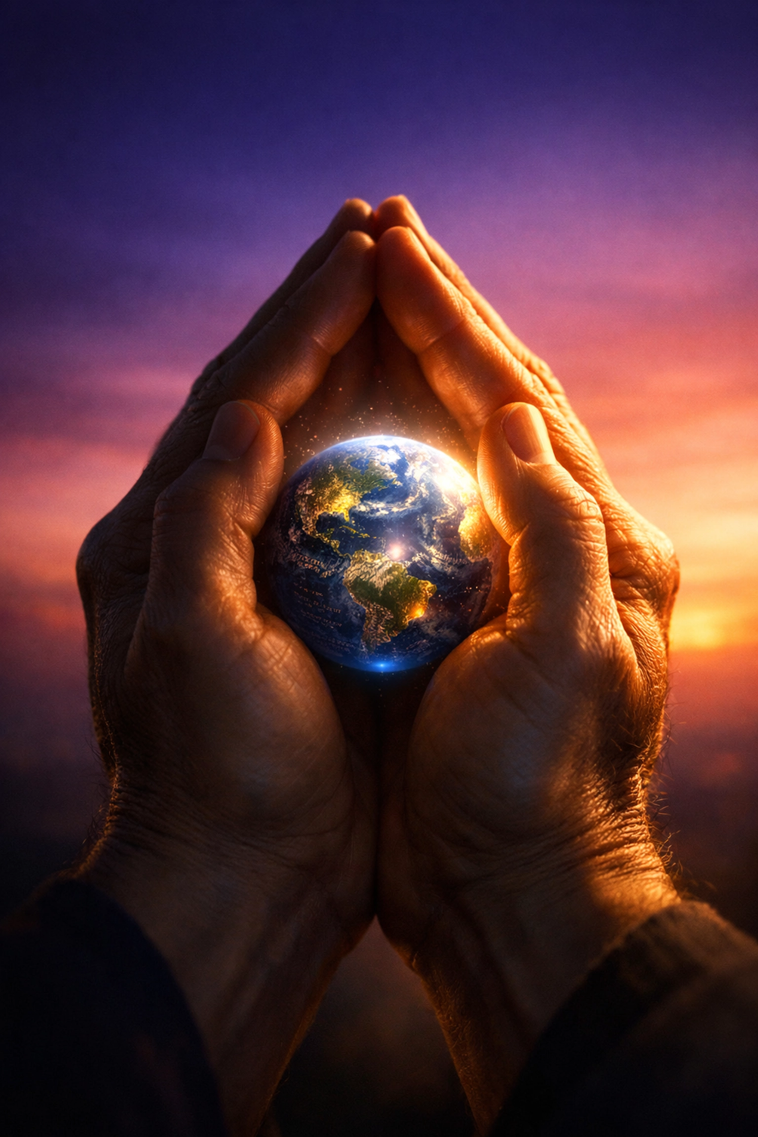 Hands in prayer position holding glowing Earth symbolizing praying for world news