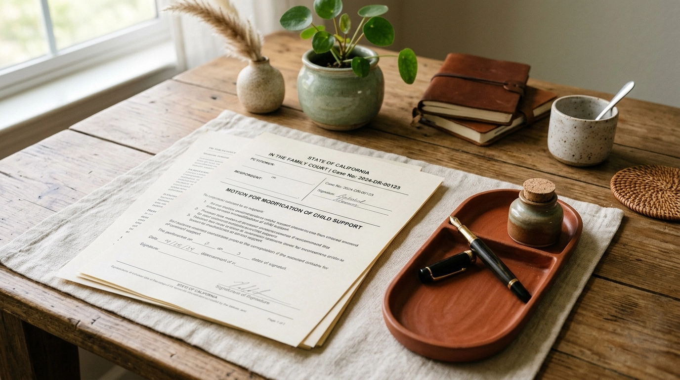 Child support modification in Virginia paperwork on a Business Boho desk with terracotta sage and cream accents