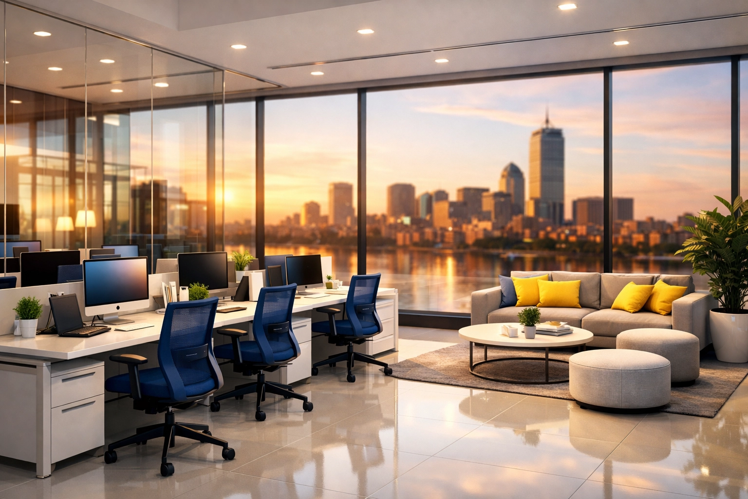 A perfectly organized and clean startup office in Cambridge MA with views of the Charles River and city skyline.