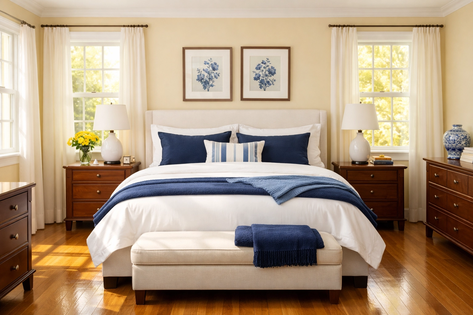 A pristine, dust-free master bedroom in Harvard, MA after a professional deep cleaning service.
