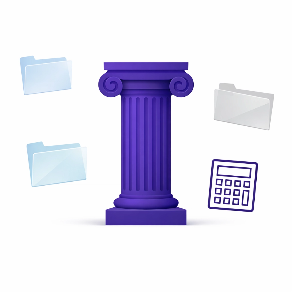 A sturdy purple pillar with bookkeeping icons symbolizing a stable and reliable human-led accounting service.