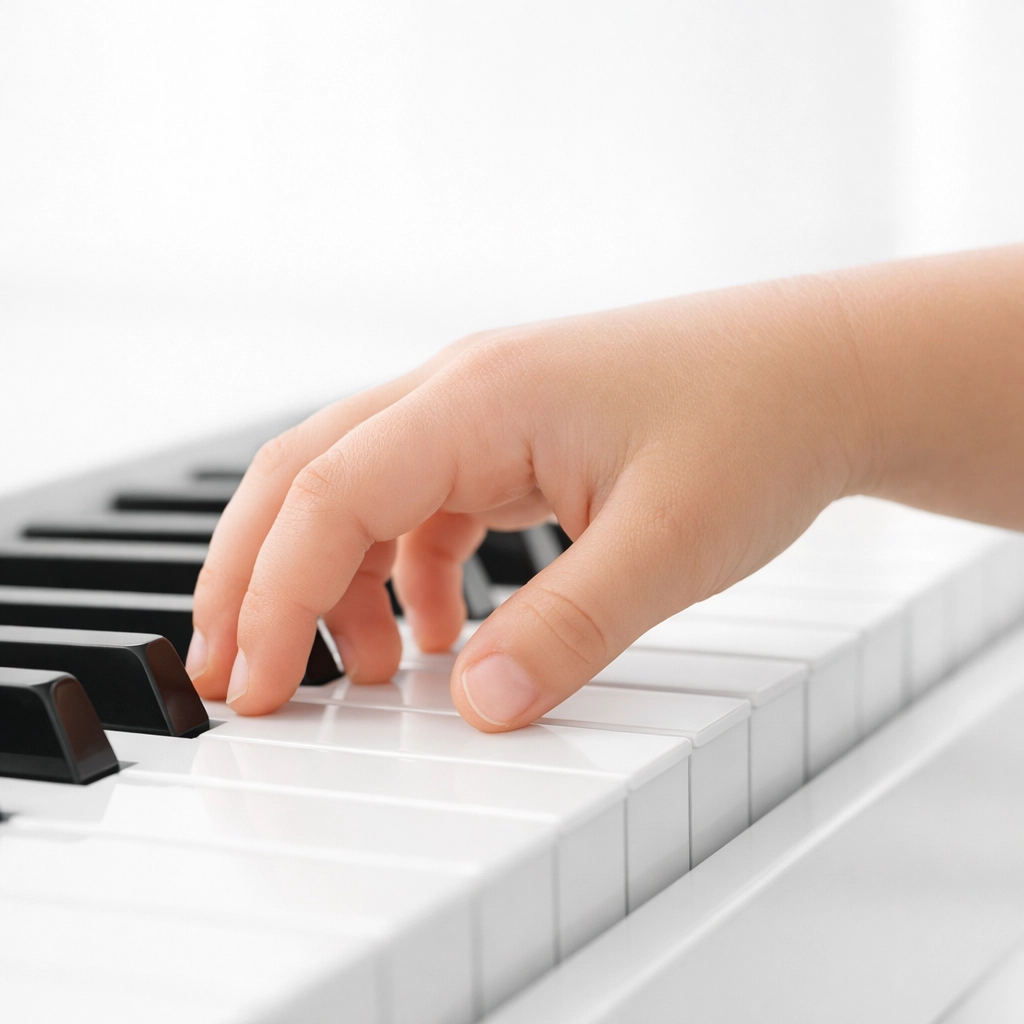 Child’s curved fingers on piano keys building technique for beginner piano lessons and practice games