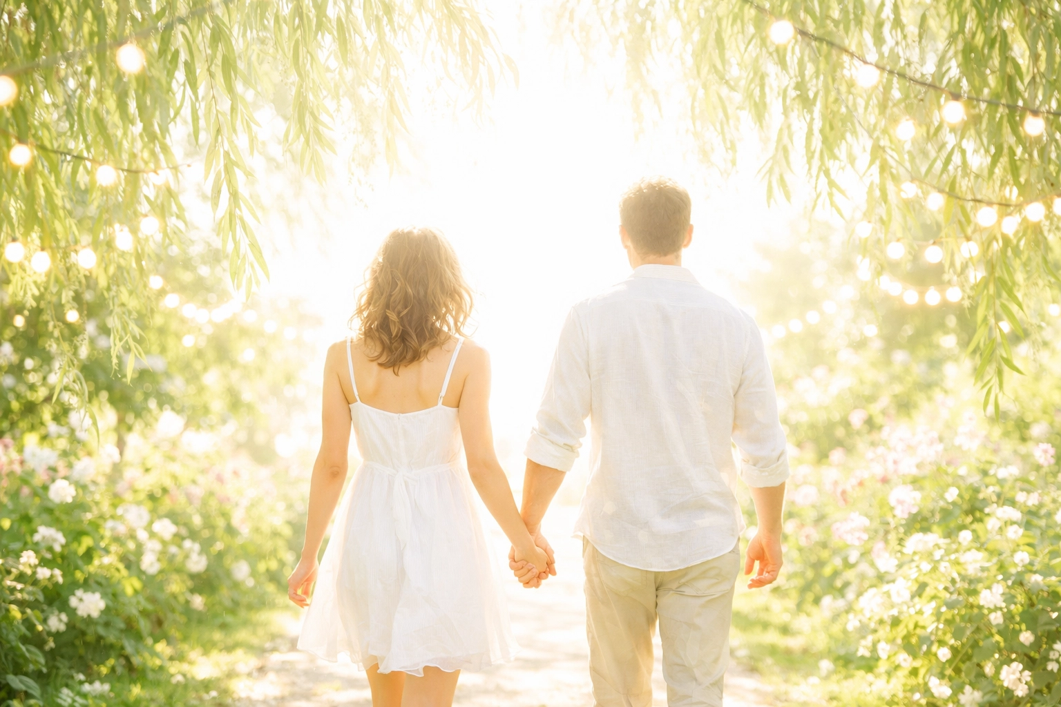 Happy couple walking through a sunlit garden, symbolizing a debt-free start to their marriage.