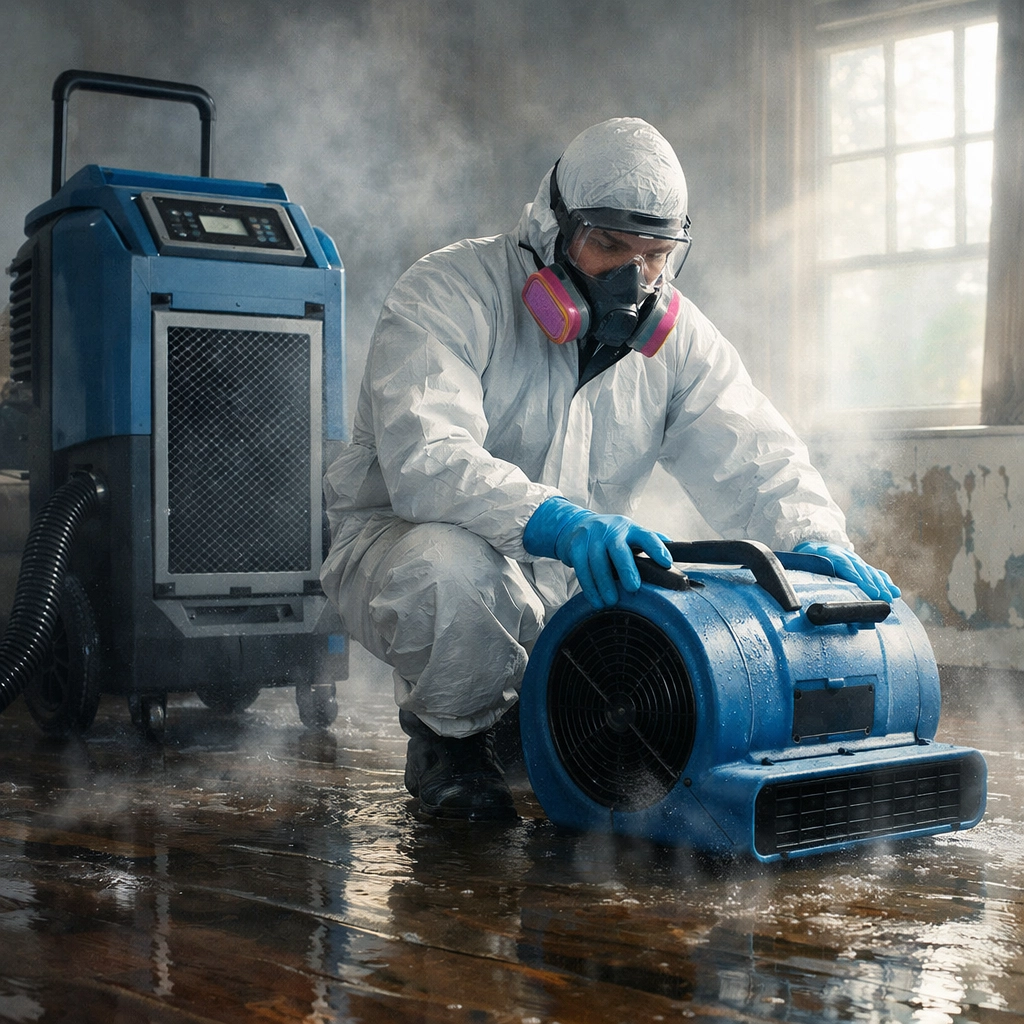 Professional water damage restoration technician using industrial dehumidifier in flooded living room