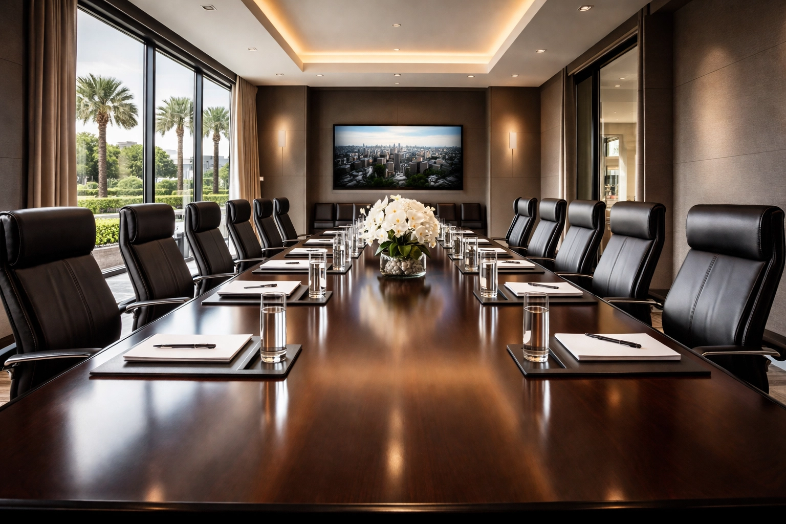 Top Executive Meeting Venues – Orange County 3 Modern executive boardroom in a luxury Orange County hotel with polished table and leather chairs for business meetings