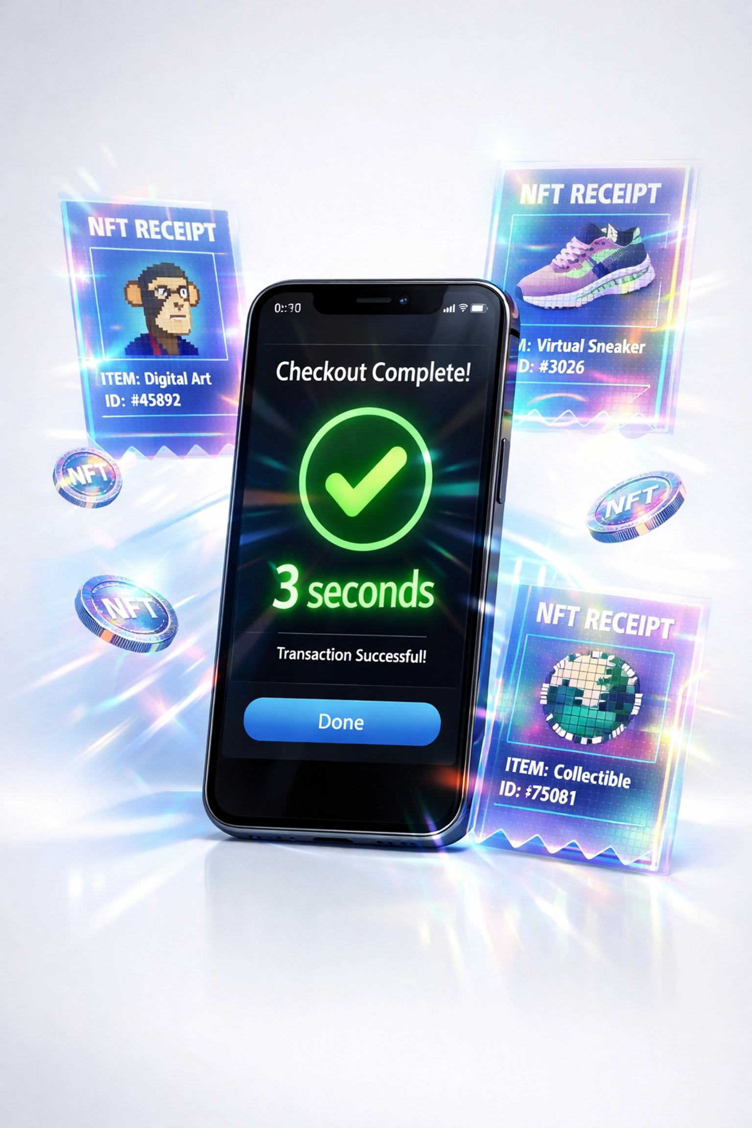Fast 3-second crypto checkout with instant NFT receipt generation on mobile device