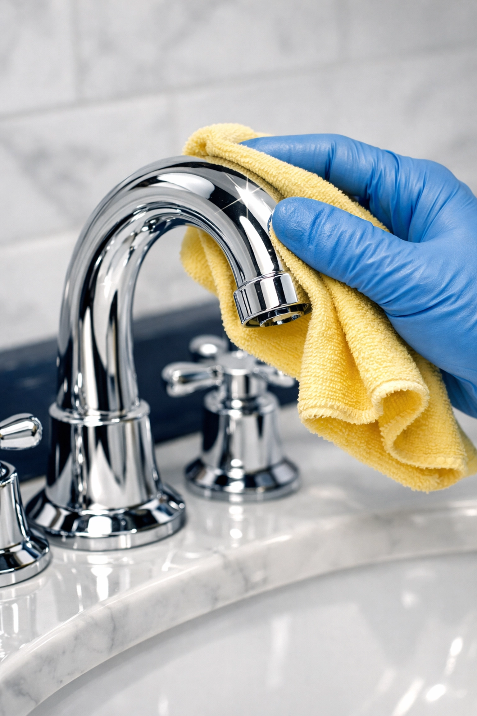 Maid service Needham MA professional polishing a chrome bathroom faucet for a deep sanitized clean.