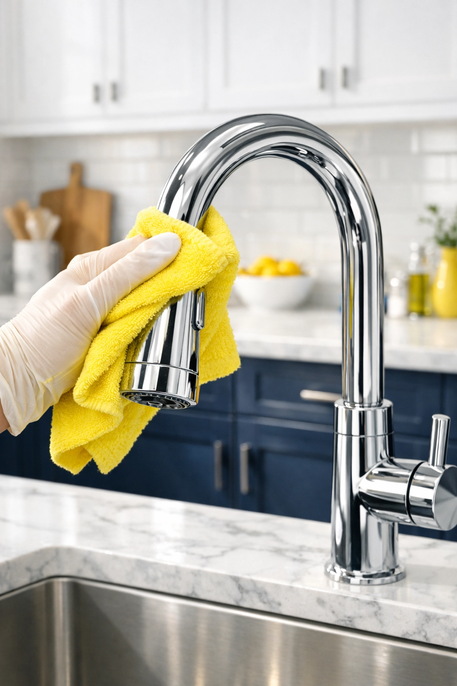 Professional cleaner performing deep cleaning on a kitchen faucet in a Westborough home.