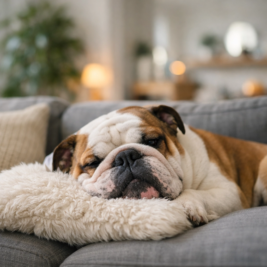Bouledogue anglais se reposant sur un canapé, chien idéal pour une vie calme en appartement.