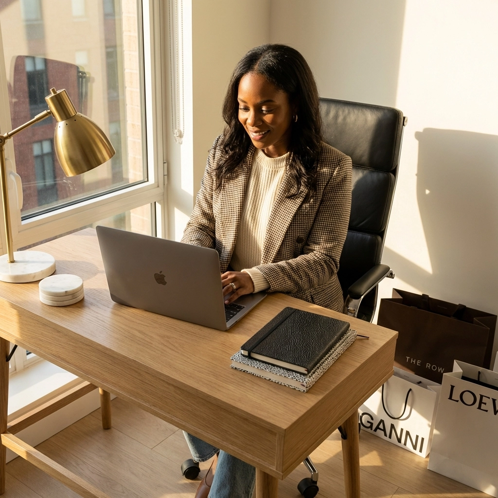 Black woman shopping online to support Black-owned businesses in a stylish home office setting