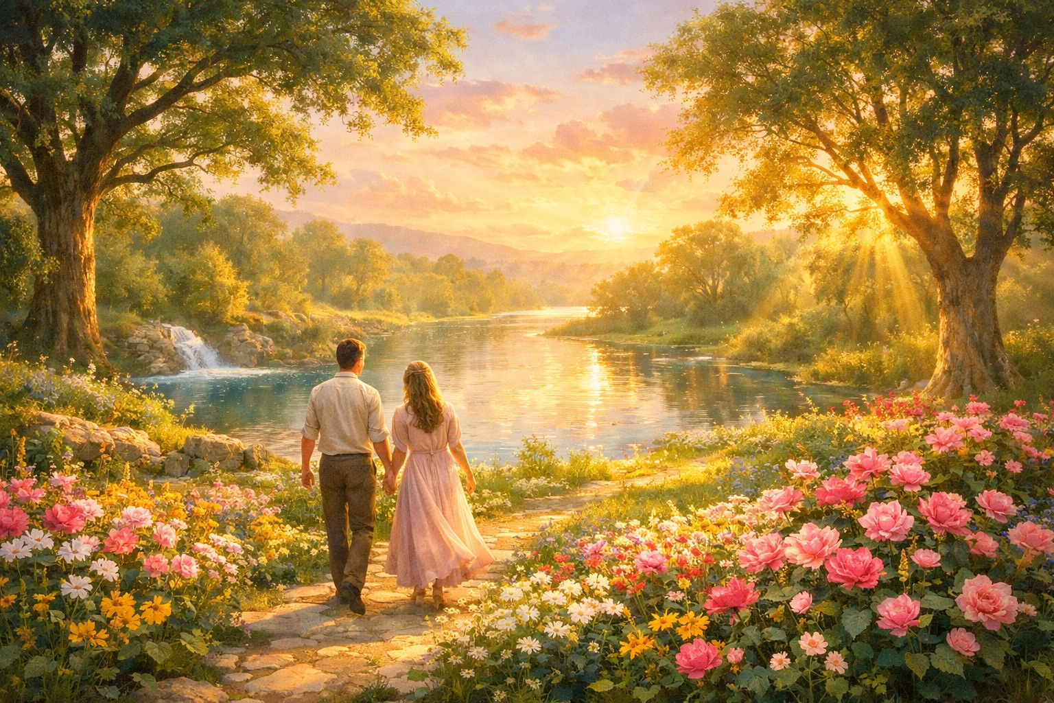 Couple walking through a lush garden at dawn, representing the biblical promise of a restored new earth.