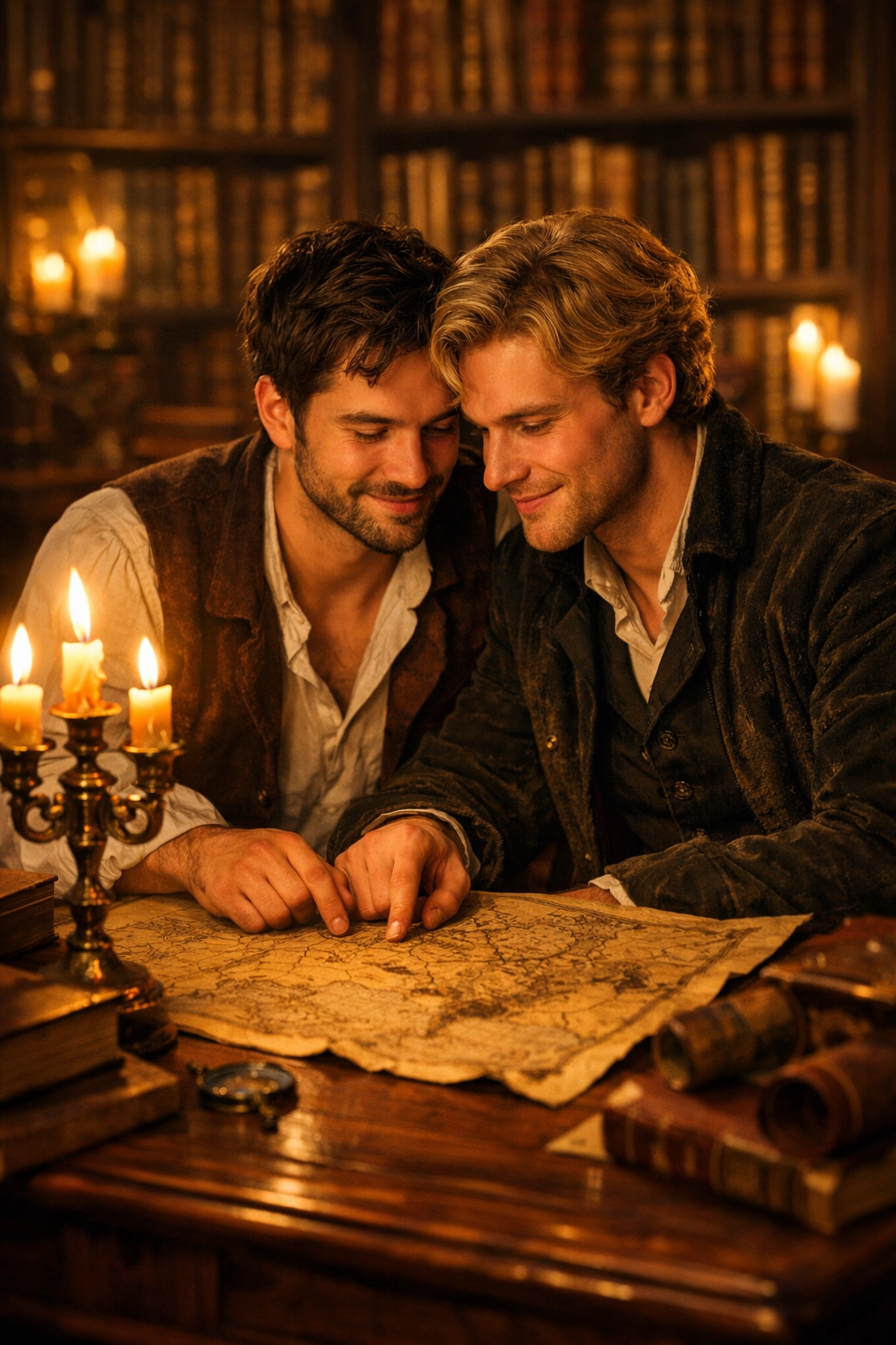 Two men huddled over an ancient map in a candlelit library, discovering secrets of queer history.